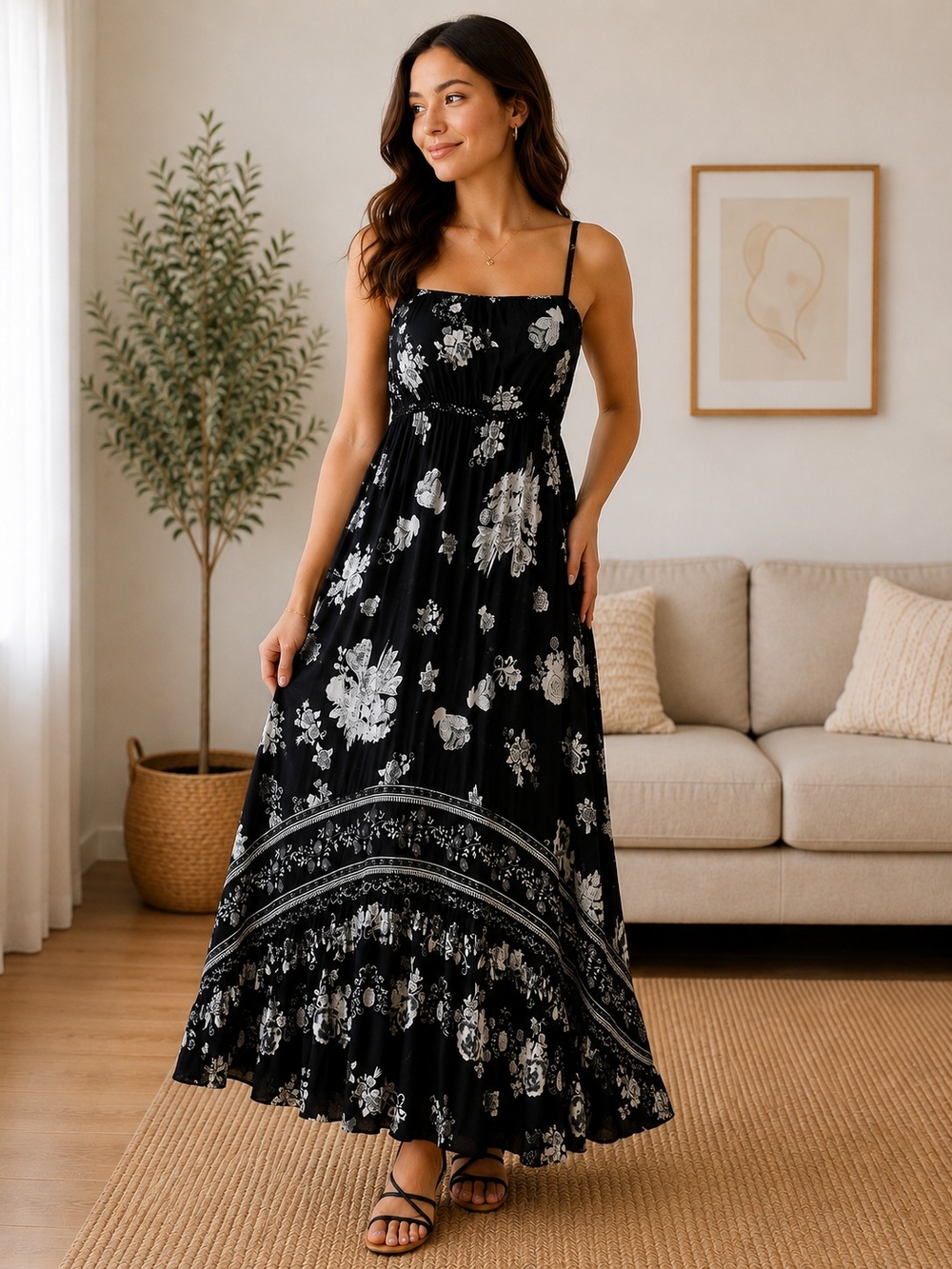 Black Floral Maxi Dress with Spaghetti Straps